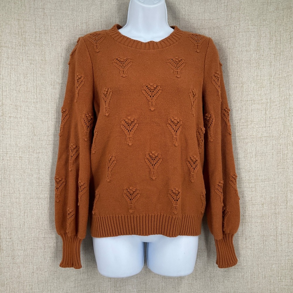 LOFT Sweater Women Small Orange Cotton Wool Blend Puff Sleeve Pointelle Boho NEW
